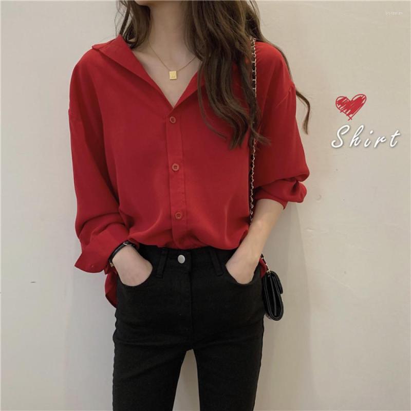 

Women's Blouses Red Shirt For Women Spring 2023 Button Up Turn Down Collar Tops Korean Fashion Office Ladies Long Sleeve
