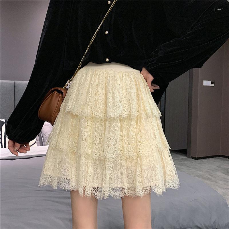 

Skirts All-match Ball Gown Women Romantic Lace Floral Elegant Ulzzang Lovely Skirt Chic Slim Summer Korean Style Kawaii Lady, Beige