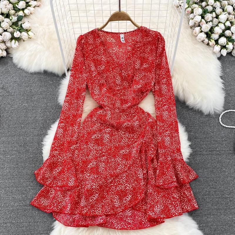 

Casual Dresses Autumn French V-neck Flared Long-sleeved Waist Small Polka Dot A-line Ruffle Dress Seaside Vacation Beach Sexy, Black