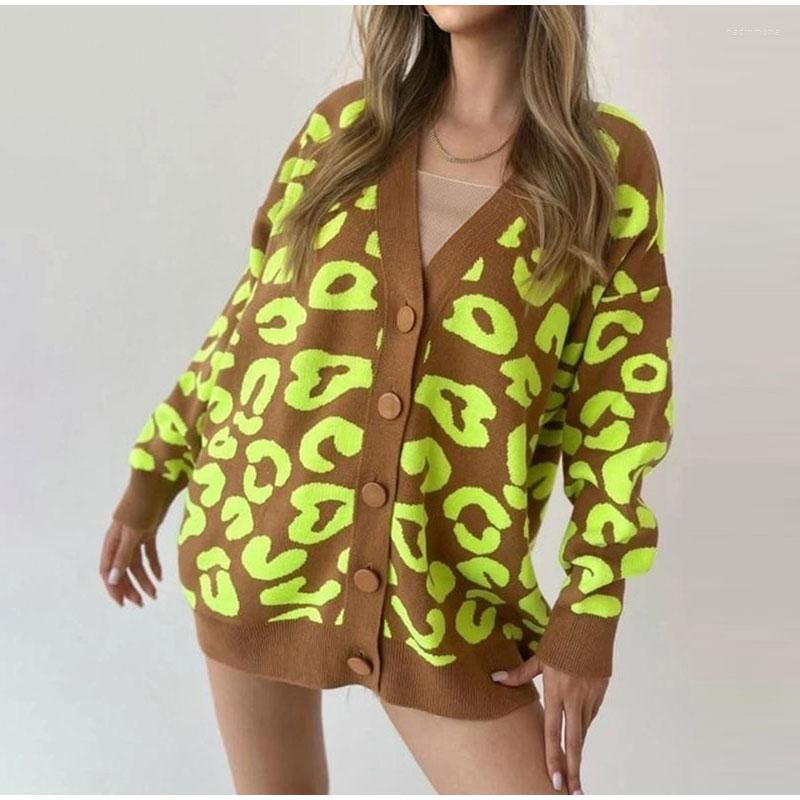 

Women' Knits Winter Warm Fashion Knitted Casual Sweater Leopard Print Women V-Neck Cardigan Oversize Female Jumper Pullover Tops, Green