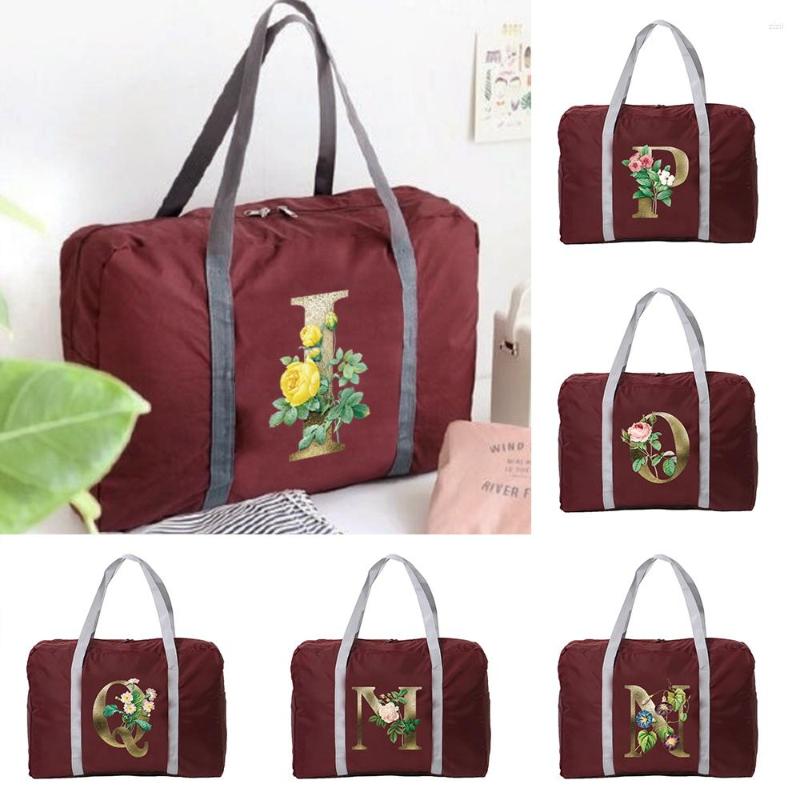 

Duffel Bags Nylon Foldable Travel Unisex Large Capacity Luggage Bag Women Handbags Men Golden Flower Letter Pattern, Wine red