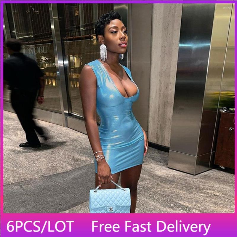 

Casual Dresses 6PCS Wholesale Items For Resale In Bulk Sexy Glitter Deep V Neck Dress Birthday Party Club Outfits 2023 Women Summer Mini, Blue