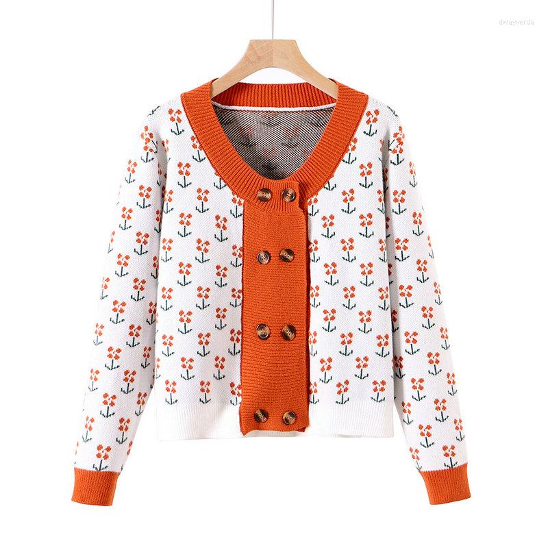 

Women's Knits Vintage Flowers Printing O Neck Long Sleeve Knitted Cardigans Women Autumn Sweet Tops Casual Japanese Chic Knitwear Coat Femme, Orange