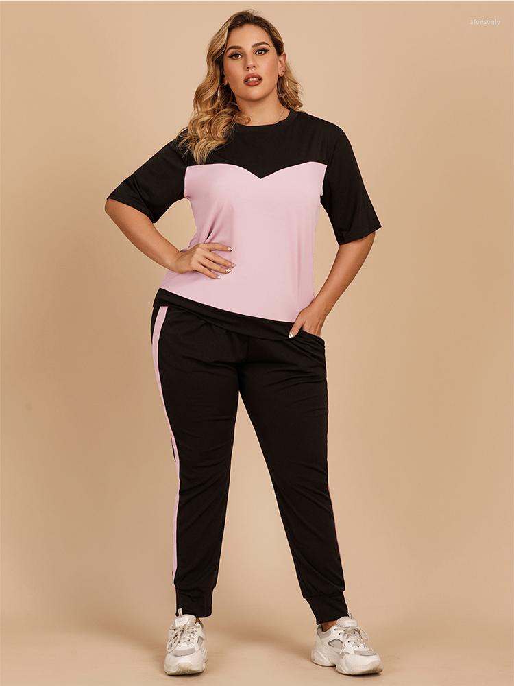 

Tracksuits Women Summer Casual Plus Size Patchwork Athflow Style Sportswear Suit Fashion Oversize Two Piece Set Athleisure T-shirt, Sets