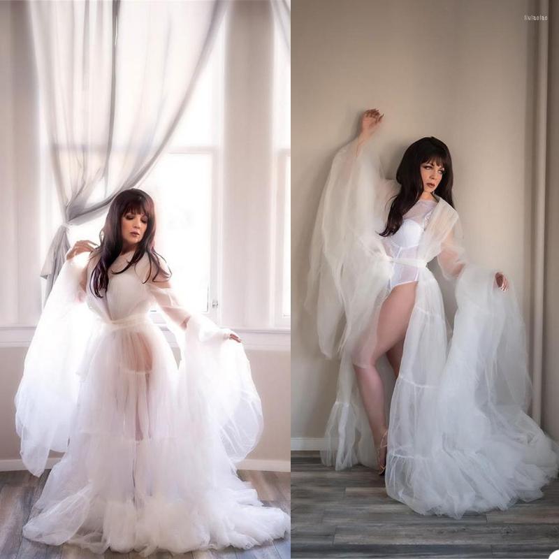 

Women's Sleepwear Elegant V Neck Tulle Robe Custom Made Long Sleeve Tiered Gown With Belt For Poshoot Prom Weddding Party Nightgowns, Sky blue