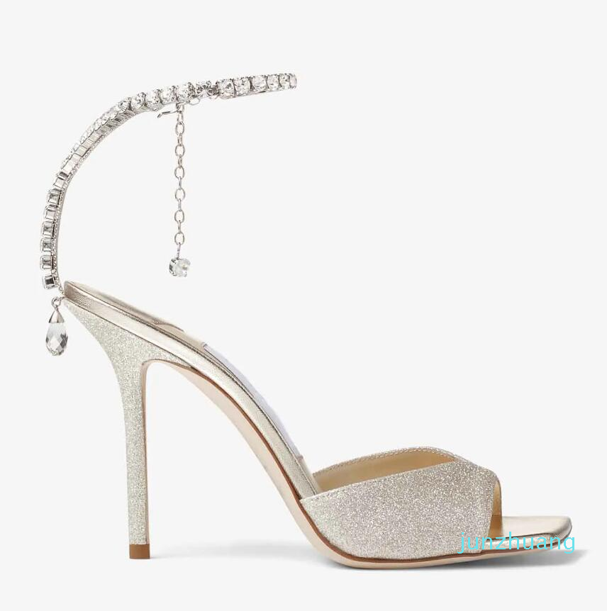 

Luxury design women sandal Saeda 100mm embellished sandals open toe shoes crystal strap sling back Liquid Metal Sandals dress party 8842, 10