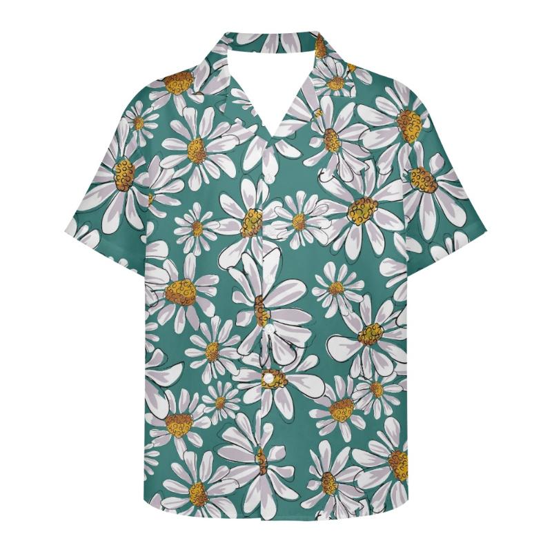 

Men's Casual Shirts Brand Designer Daisy Flower Pattern Men Cuban Guayabera Shirt Summer/Spring Male Blouse Button Down Man Tops ShirtsMen's, Beige