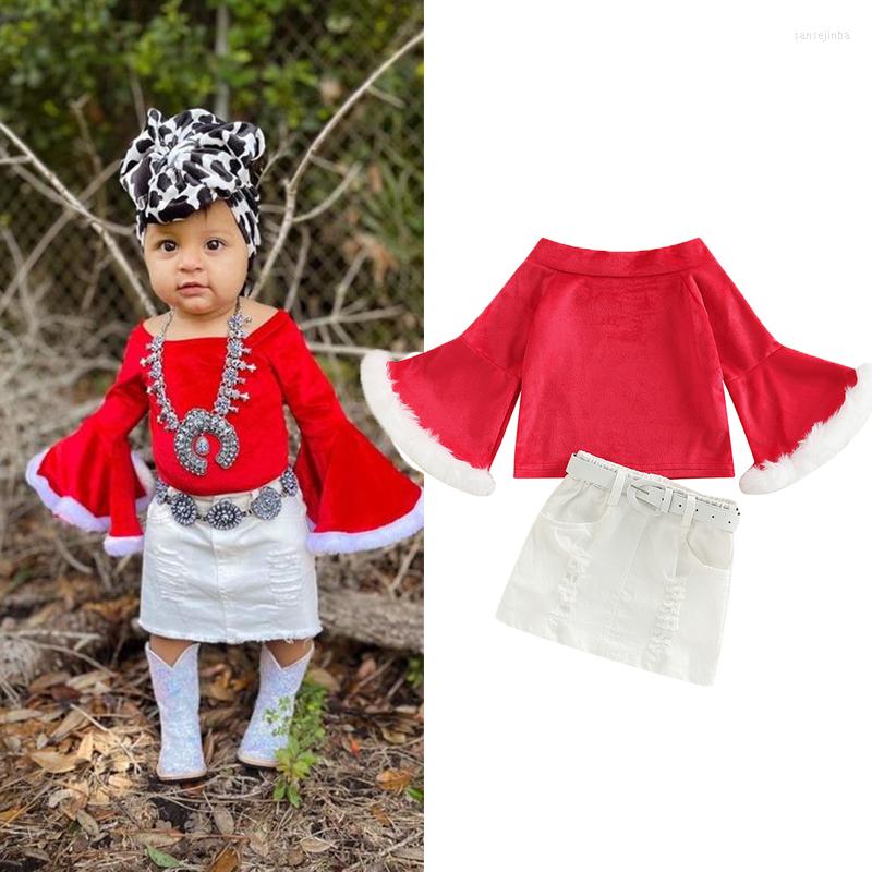 

Clothing Sets FOCUSNORM Christmas Infant Kids Girls Clothes 1-6Y Off Shoulder Long Flare Sleeve Fur Velvet Tops A-line Skirt Waistband, Picture shown