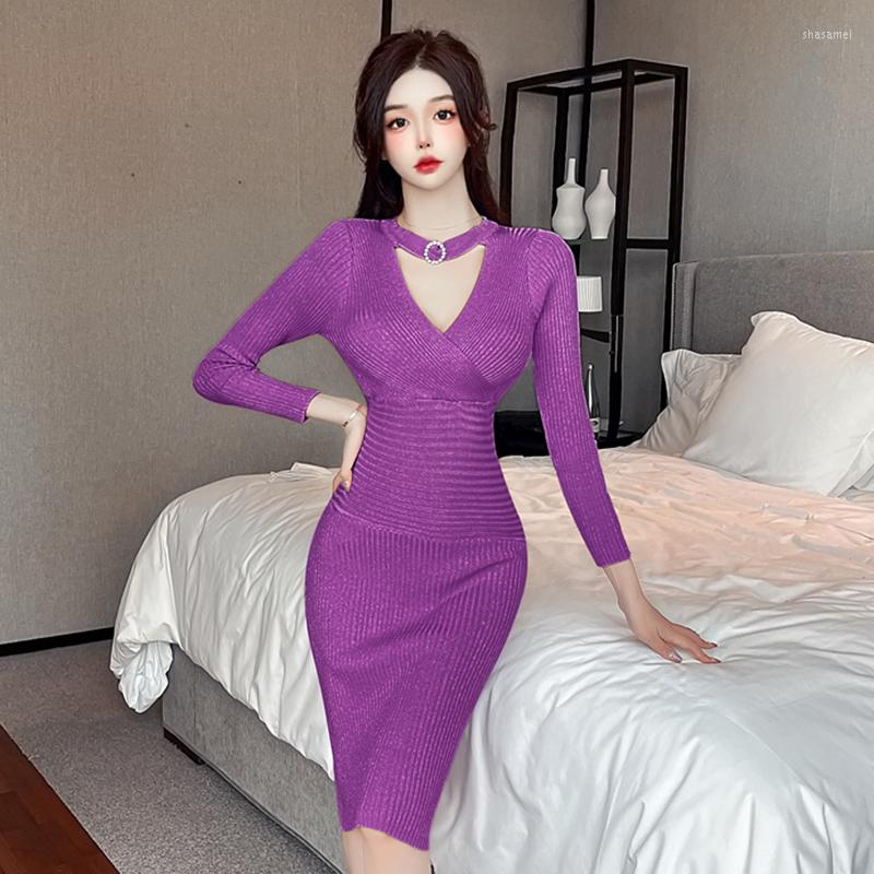 

Casual Dresses Women V-Neck Slim Sexy High Waist Long Sleeve Lady Pencil 2023 Spring Party Knitted Dress, Black