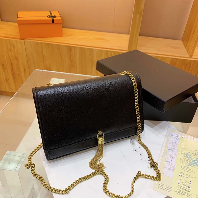 

New full package gift box women envelope tassel handbag chain bag women's handbag classic quality shoulder bag flap leather messenger bag, Black stone pattern
