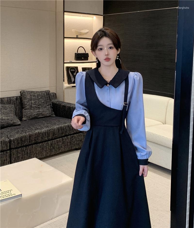 

Casual Dresses Large Size Ladies' Niche Design Feeling False Sense Of Two Pieces Mosaic Polo Dress, Blue