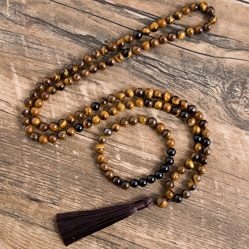 

Beaded Necklaces 8mm Natural Yellow Tiger Eyes Black Onyx Necklace Meditation Yoga Jewelry 108 Japa Mala Bracelet Men's and Women's Sets 230202