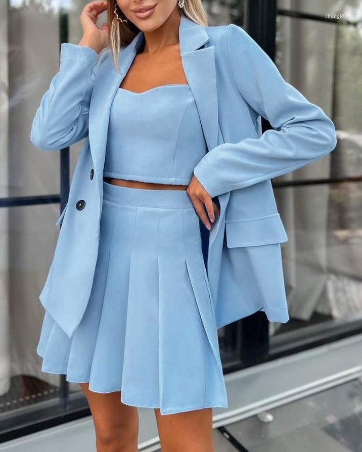 

Work Dresses Two Piece Sets Womens Outifits Elegant V-Neck Sleeveless Cami Top & Plain Pleated Mini Skirt Set Without Blazer 2023 Summer