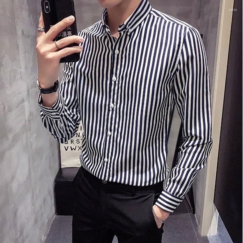 

Men's Casual Shirts Turn-down Collar Striped All-match Spring Autumn Long Sleeve Men's Clothing Stylish Korean Single-breasted, Navy blue