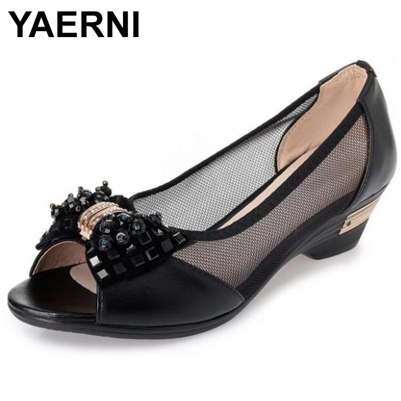 

Sandals YAERNI Exquisite Bow Rhinestones Fish Mouth Mesh Genuine Leather Women Fashionable Shoes Flat Wedges BigSize, Apricot