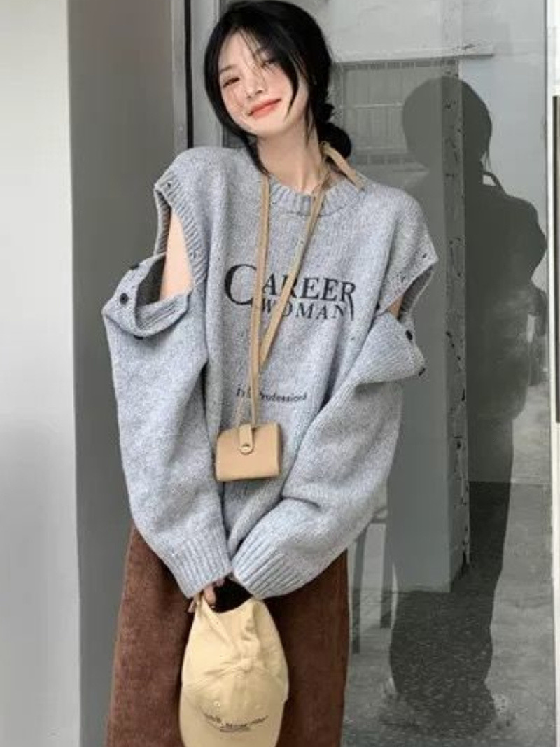 

Women's Sweaters Korean Fashion Y2k Punk Casual Sweater Women Hollow Out Long Sleeve O-neck Pullovers Harajuku Gothic Letter Jacquard Pull Femme 230202, Gray