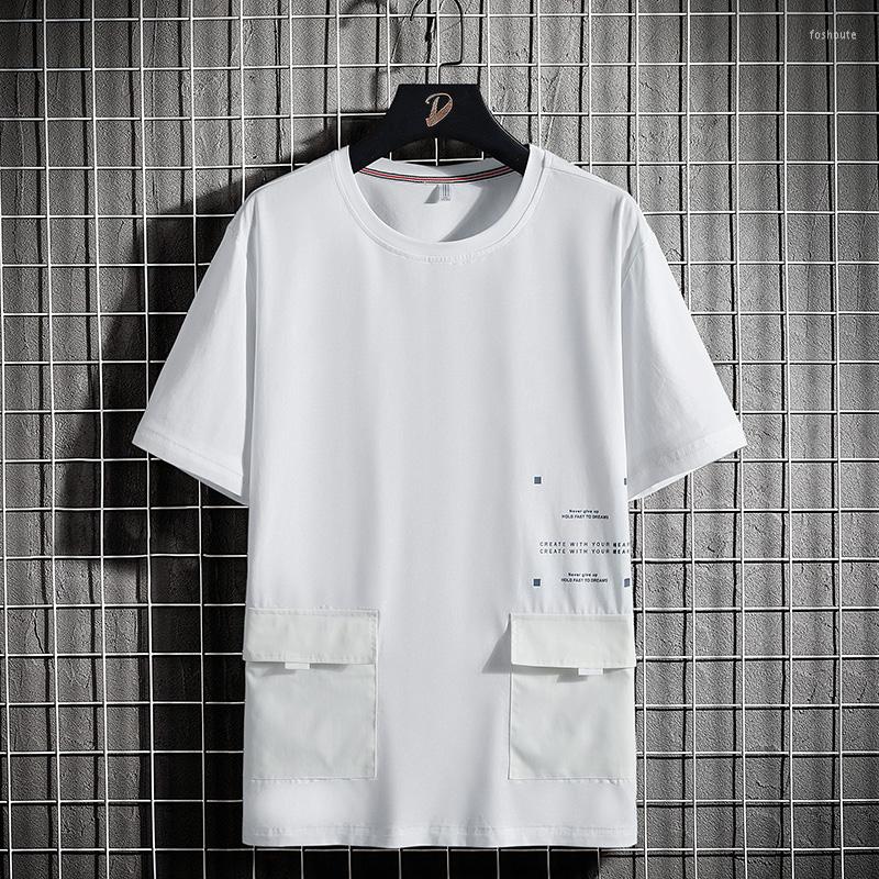 

Men's T Shirts Fashion Short Sleeve Elasticity Solid Shirt Crewneck Campus Top Men Pocket Spliced Tee Summer Harajuku T-Shirts Oversize, Black