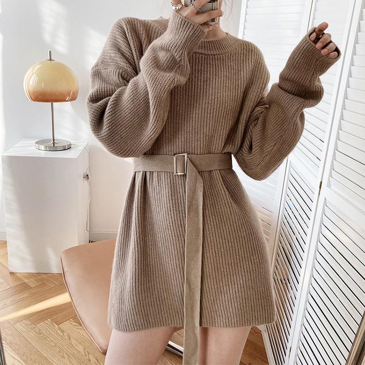 

Casual Dresses Autumn And Winter Sweater Dress Hedging Thickened Lazy Waist Round Neck Mid-length Base Knitted Skirt Women, Black