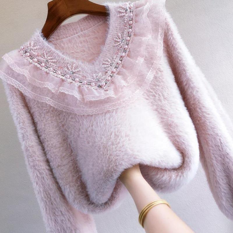 

Women's Knits 2023 Autumn/Winter Sweaters Women Long Sleeve V-Neck Fuzzy Beaded Sweater Femme Sweet Lace Patchwork And Pullovers Warm, Pink