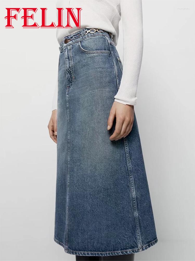 

Skirts FELIN ZBZA 2023 Office Lady Denim Sashes Midi Women High Waist Front Split Pockets Fashion Elegant Mujer Faldas, Picture shown