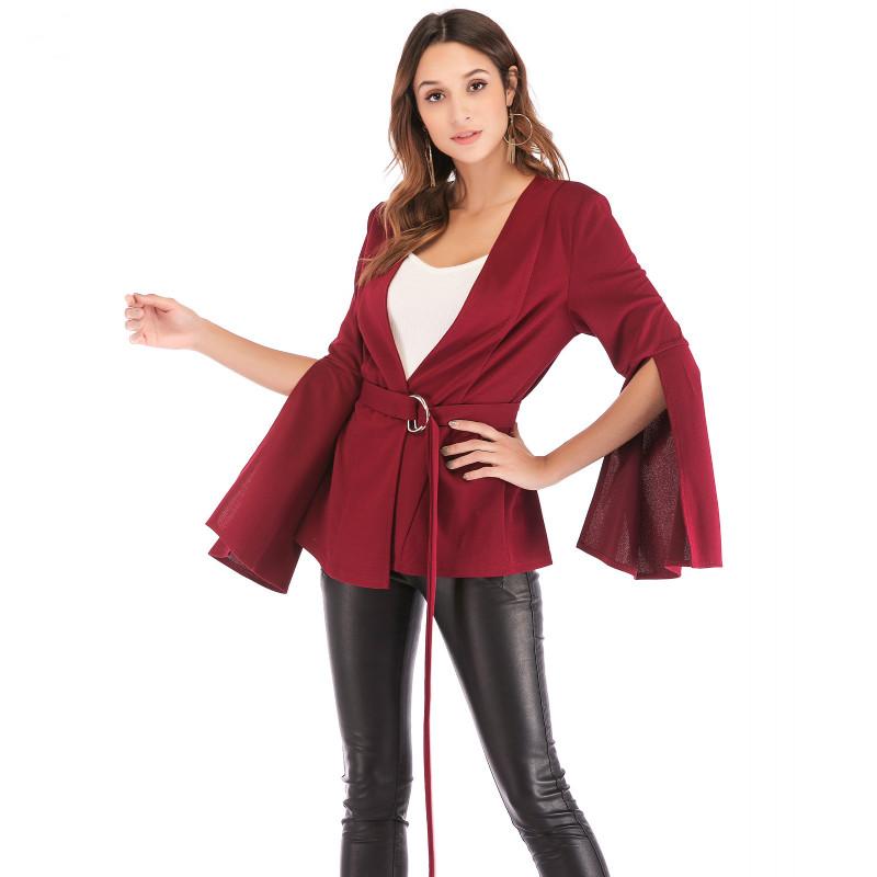 

Women' Jackets Women Coat Jacket V-neck Open Sleeves Cardigan Ladies Small Spot Sashes Office Lady Flare Sleeve Mujer Atumn Winter, Yellow