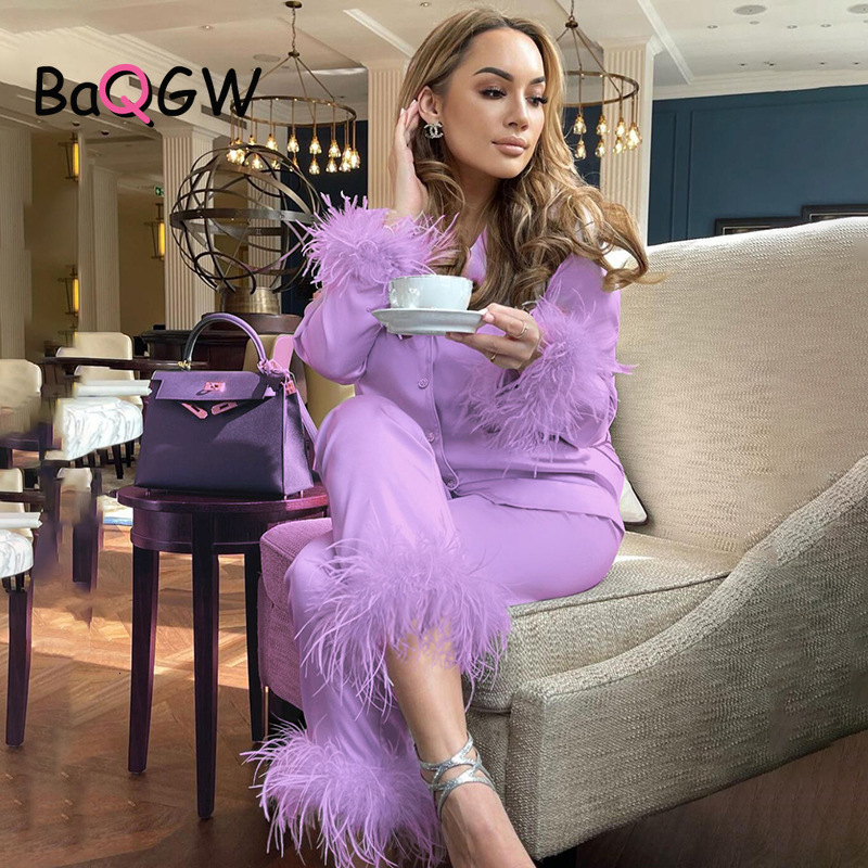 

Women's Two Piece Pants BaQGW Feather Fur V Neck Single Breasted Full Sleeve Blouse Tops and Lounge Suit Women Solid Casual Pajamas Matching Sets 230202, Black dress
