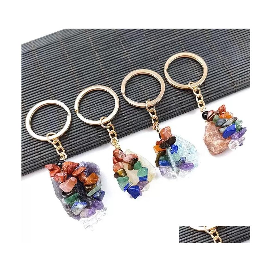 

Key Rings Folk Crafts Gemstone Natural Stone Ring Quartz Amethyst Tiger Eye Crystal Keychain Agate Ore Meditation Pendant Hangbag Ha Dhfk7