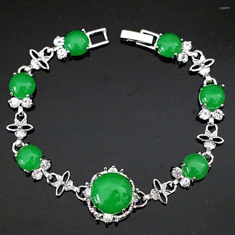 

Link Bracelets Teardrop And Round Green Natural Stone Jades Chalcedony Beads Crystal Purfle Silver-color Women Bracelet 7.5"B1168