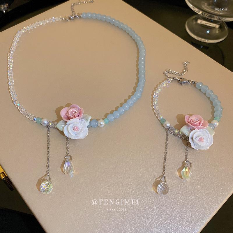 

Necklace Earrings Set Crystal Beaded Bracelets With Flower Decorations For Women Romantic Jewelry Classic Neck Chain Exquisite Necklaces, Picture shown