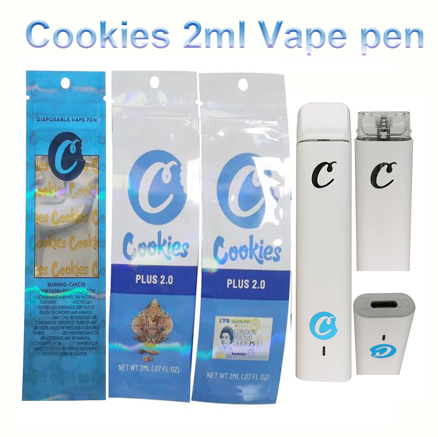 

2.0ml Disposable Vape Pen Cookies Package Bags Flat Pens Cartridges E cigarettes Pod Thick Oil Carts Atomizer USB Rechargeable 350mah Battery Snap in Tips Vaporizer