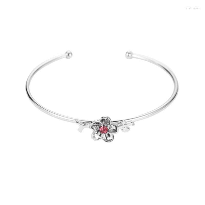 

Bangle Bling Starry Clear Pink Crystal Camellia Vintage Open Adjustable Silver Plated Alloy Flower Bangles For Women
