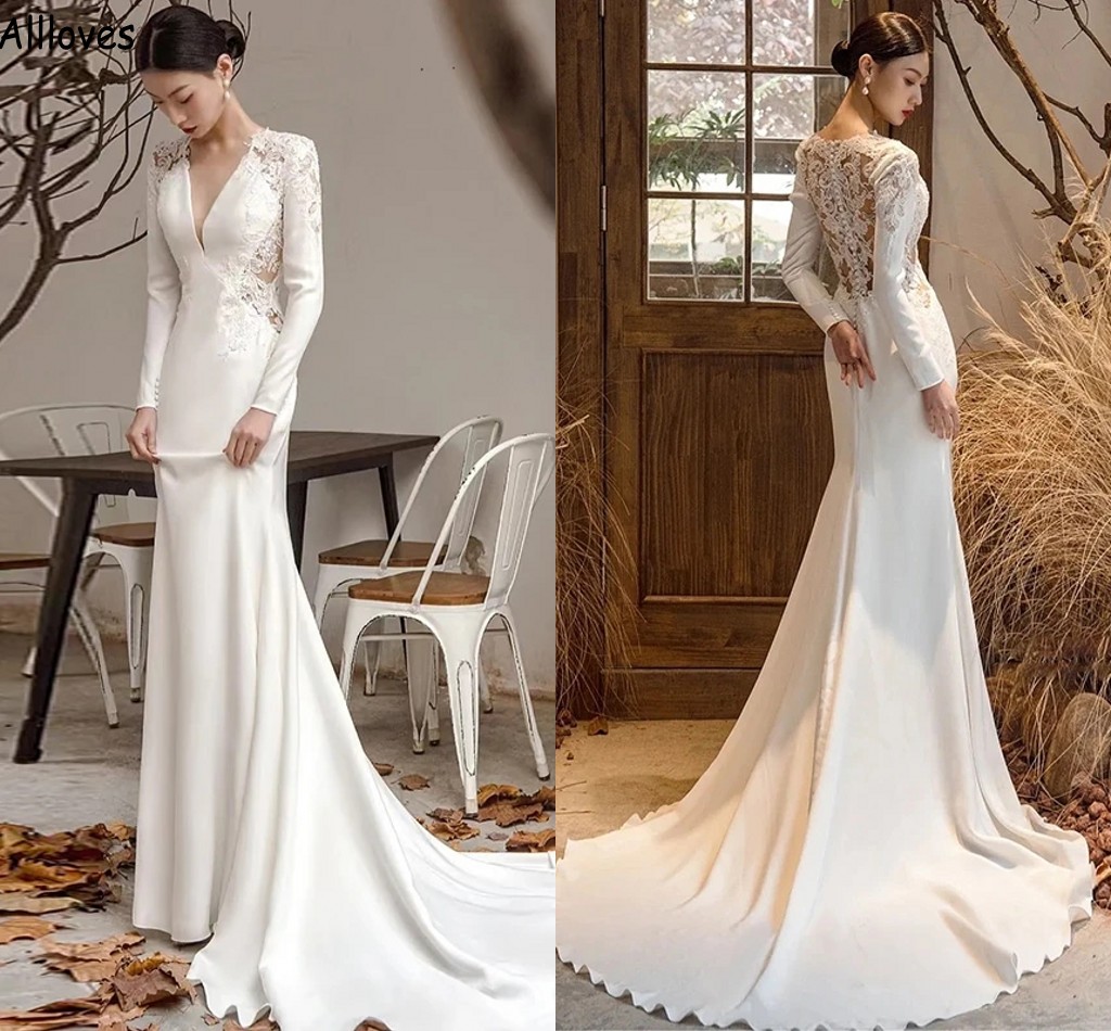 

Boho Simple Satin Mermaid Wedding Dresses For Brides V Neck Elegant Appliqued Lace Court Train Bridal Gowns Modern Bridal Gowns Plus Size Robes de Mariee CL1770, Dark red