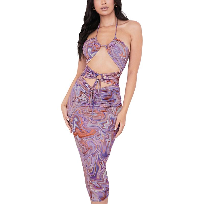 

Casual Dresses Women Summer Sheath Dress Irregular Print Hollow Cocktail Wear Tied Halter Neck Sleeveless Backless Skirt For Girls, Purple