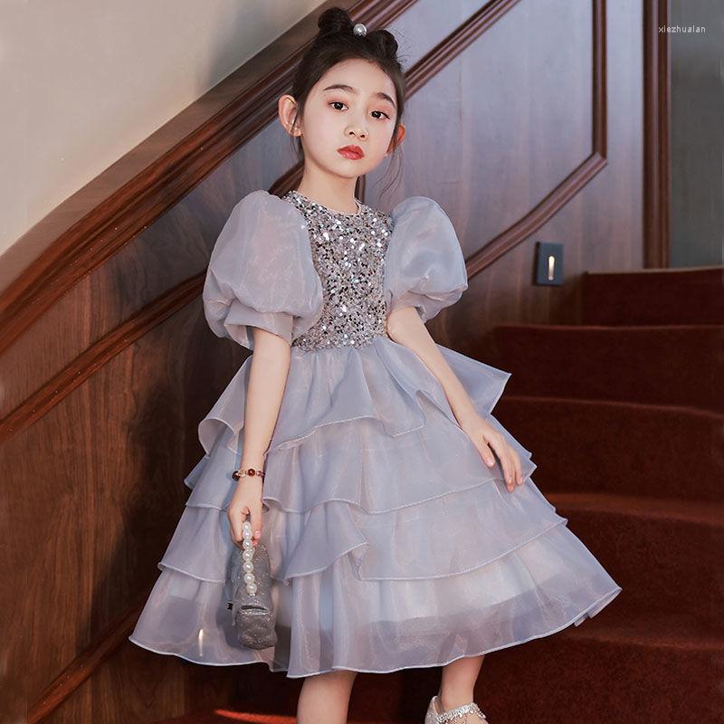 

Girl Dresses Girls Sequined Dress Summer Lantern Sleeve Kids For Princess Party Layered Clothes Children Wear 4-9Y Grey, Gray
