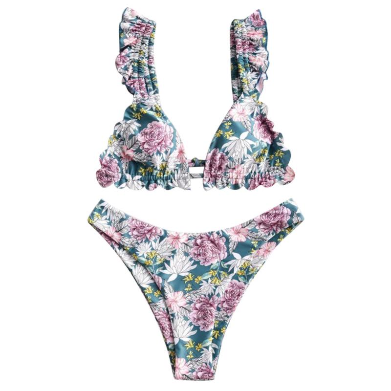 

Women' Swimwear Swimsuit 2023 Women Print Flower High Cut V Neck Two Pieces Bikini Top Sexy Waist Beachwear X0319, Green