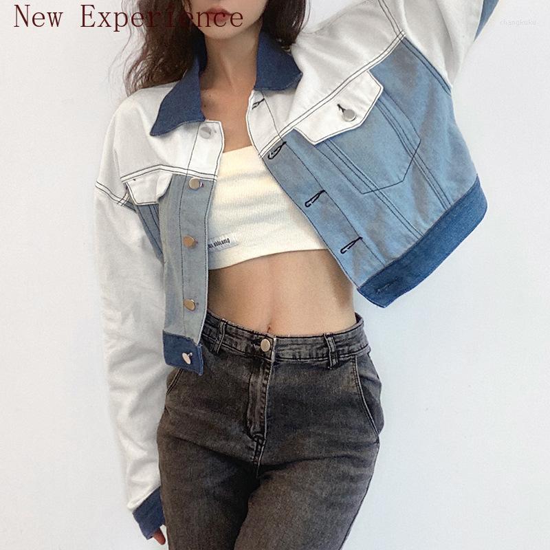 

Women' Jackets Fashion Contrasting Color Stitching Lapel Single-breasted Loose Short Washed Denim Jacket Women' Fall 2023 Women, Blue