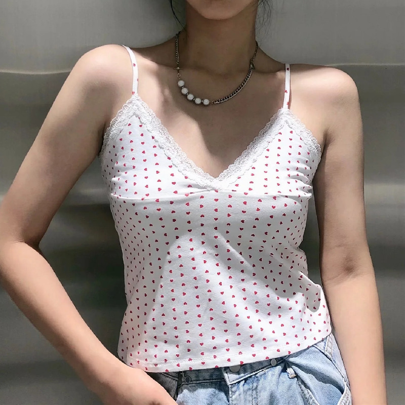 

Women's Tanks Camis PUWD Women White Lace Spring Fashion Ladies Vintage Slim V Neck Sweet Sling Girls Cute Red Love Y2K Crop Tops 230203, Ivory