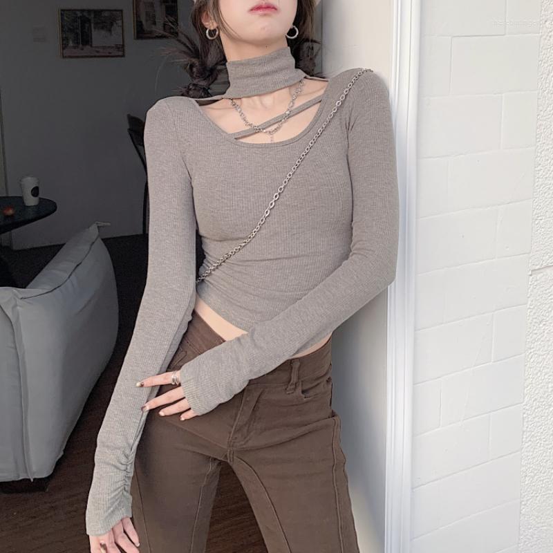 

Women's T Shirts Vintage High Neck Sexy Slim Long Sleeve T-shirt Women 2023 Winter Street Hollow Solid Color Casual Knitted Crop Tops, Gray