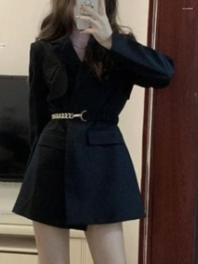

Casual Dresses Womens Suit Dress Black Elegant Short Turn Down Collar Chain Patchwork Waist Tunic Long Sleeve Y2k Aesthetic Streetwear