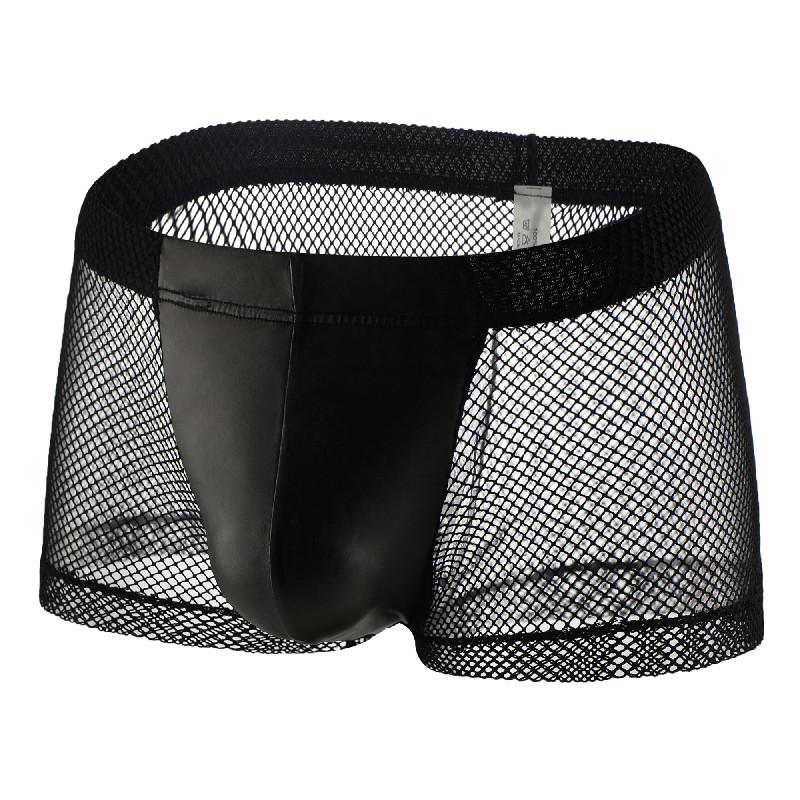 

Underpants Men's Boxers Sexy Gay Underwear Transparent Mesh Panties For Man Breathable Faux Leather Pouch Male Bikini Masculina, White