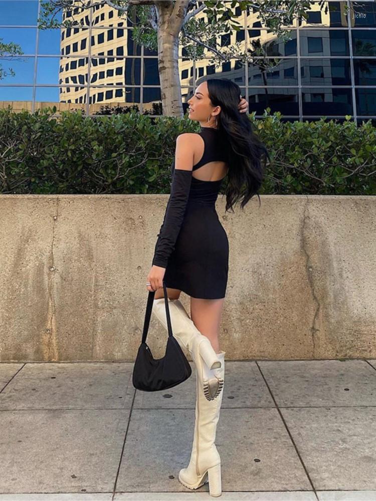 

Casual Dresses Spring Sexy Crewneck Black Cut Out Dress Woman Party Vintage Backless Mini Women Street Clubwear Clothes