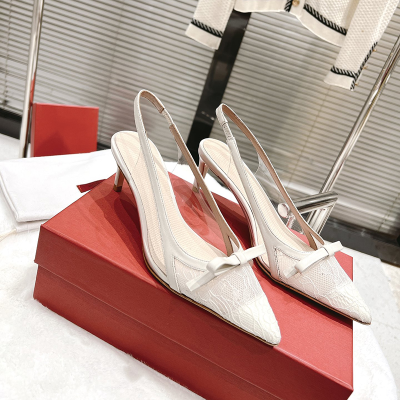 

Fashion Designer Womens Sandals Pointy Bow Transparent Lace Face Dress Shoes Cow Leather Mid-heel Shoes Luxury Elegant Party Non-slip Shoes Doll Ballet Shoes 4.5cm, White