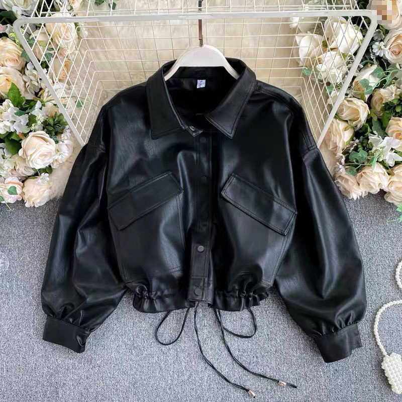 

Women's Leather Faux Autumn Fashion European and American PU Casual Jacket Loose Long-sleeved 230202, Black