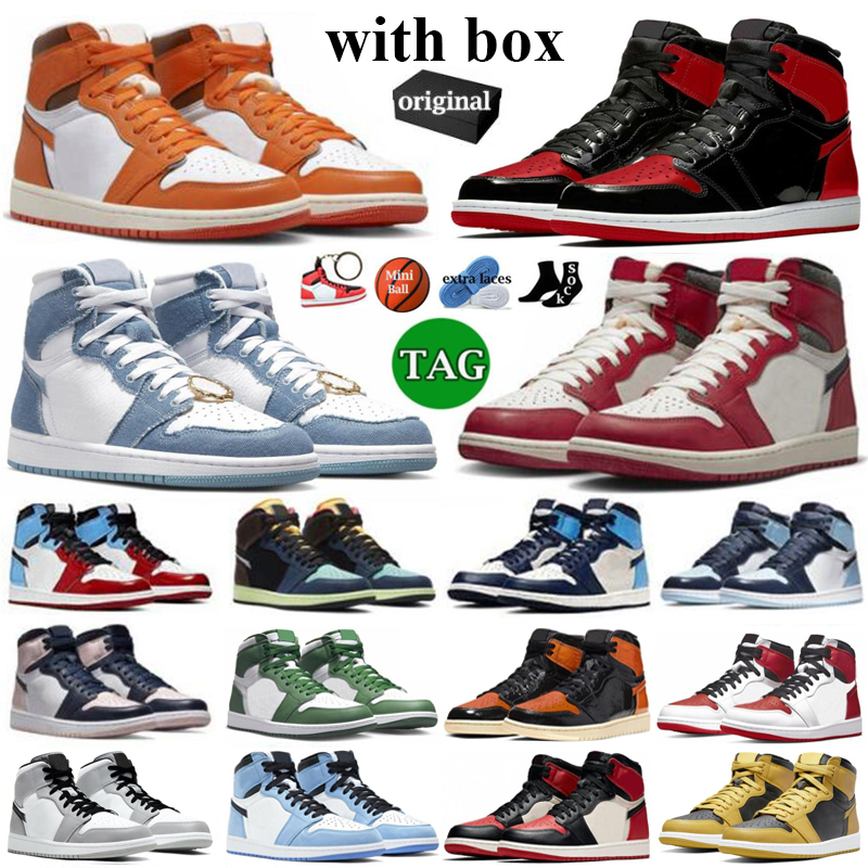 

With Box Jumpman 1 Basketball Shoes Men Women 1s Bred Patent Denim Lost Found Starfish University Blue Fearless Gorge Green Dark Mocha Mens Sports Sneakers, 35