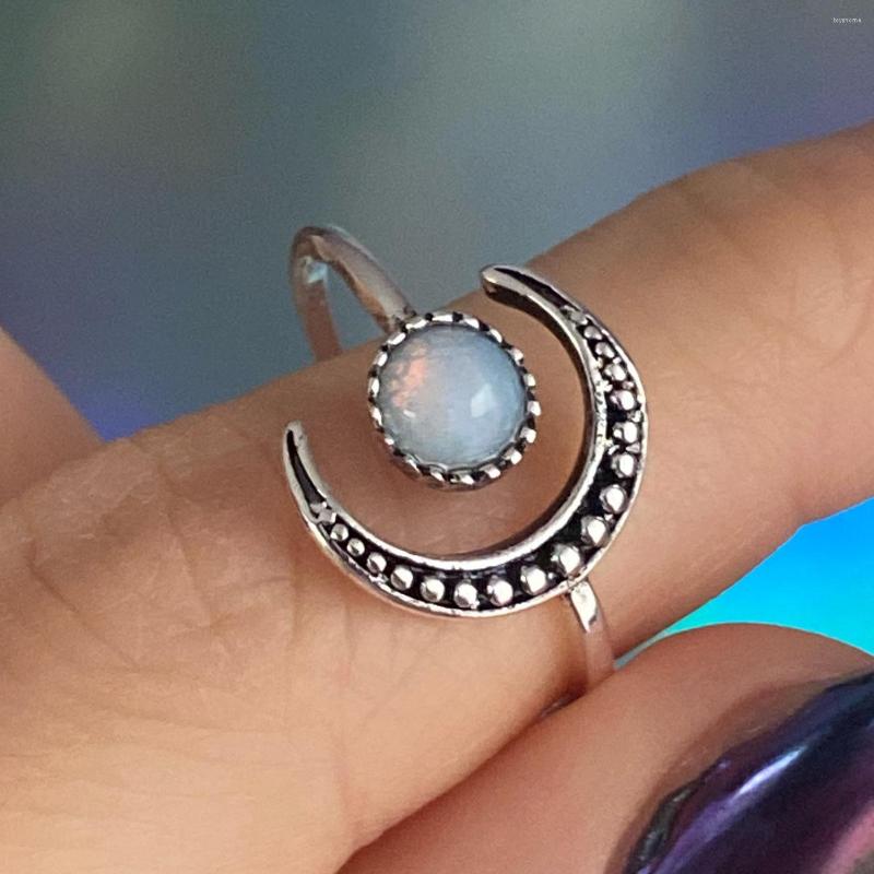 

Cluster Rings Female Antique Moonstone Opening Adjustable Ring Luxury Zircon Stone Wedding Retro Silver Color Engagement For Women