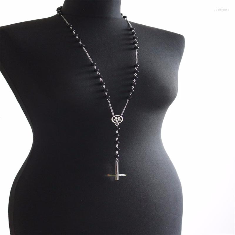

Chains Gothic Occult Black Rosary Necklace With Chain Links And Inverted Cross/Gemstone/Gothic//Satanic/Witchcraft/Left Hand Path
