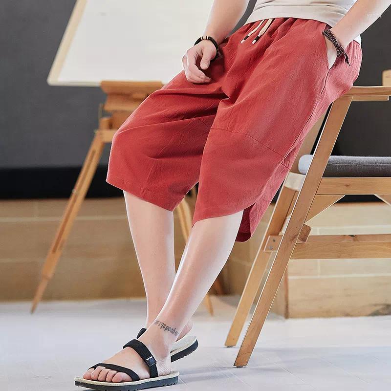 

Men's Shorts Men's Cotton Linen Short Pants Men Loose Cropped Sweatpants Fashion Beach Pajamas Male, Black