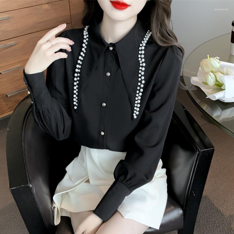 

Women' Blouses Autumn 2023 Style Bead Studded Pointed Collar Women' Lantern Sleeve Shirt Black White Unique Fashion Top Ladies Blusa