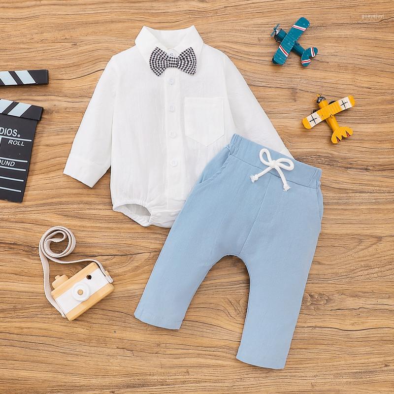 

Clothing Sets Born Baby Boys Clothes 2 Pieces Gentleman Outfit Solid Color Lapel Long Sleeve Jumpsuit With Plaid Bow Elastic Waist Pants