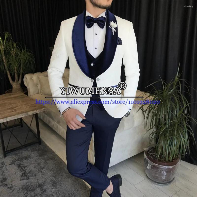 

Men's Suits White Men Slim Fit Grooms Wedding Tuxedo Jacquard Blazers Custom Made Navy Lapel Jacket Velvet Vest Pants Terno Masculino, Model 11